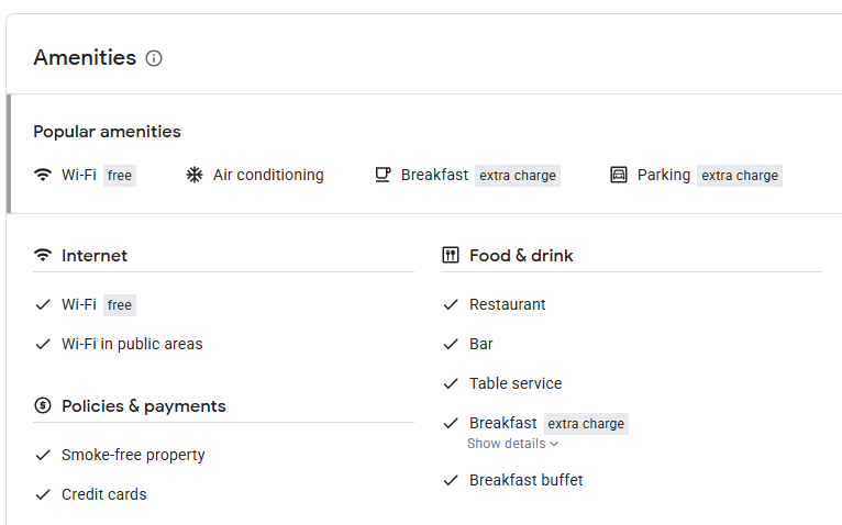 Hotel amenities list