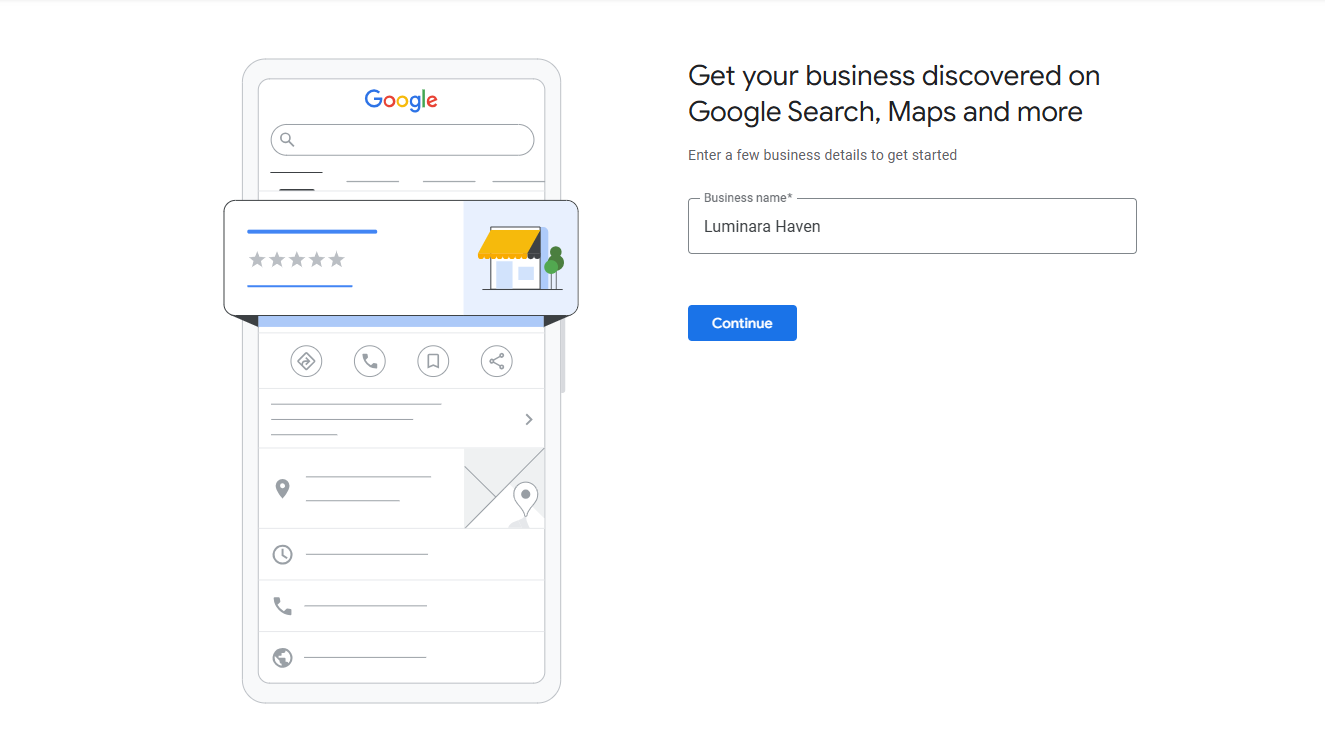 Google My Business setup screen showing a mobile phone with business listing details and a form to enter your business name