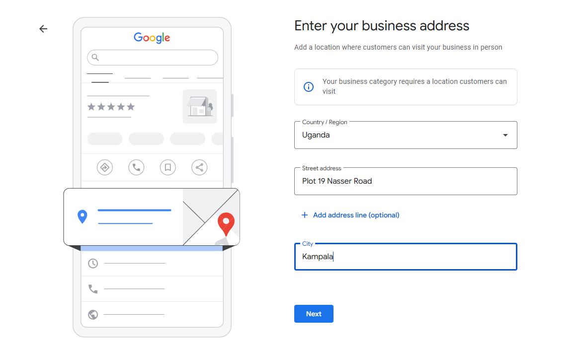 Google My Business setup screen to enter business address