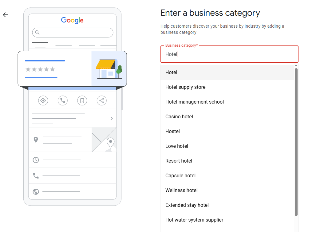 Google My Business setup screen for entering a business category