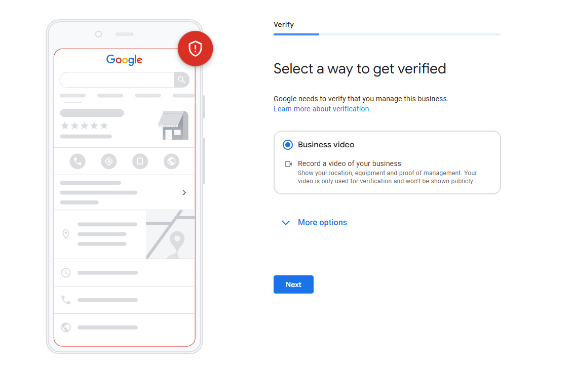 Google My Business verification screen offering business video option to verify ownership