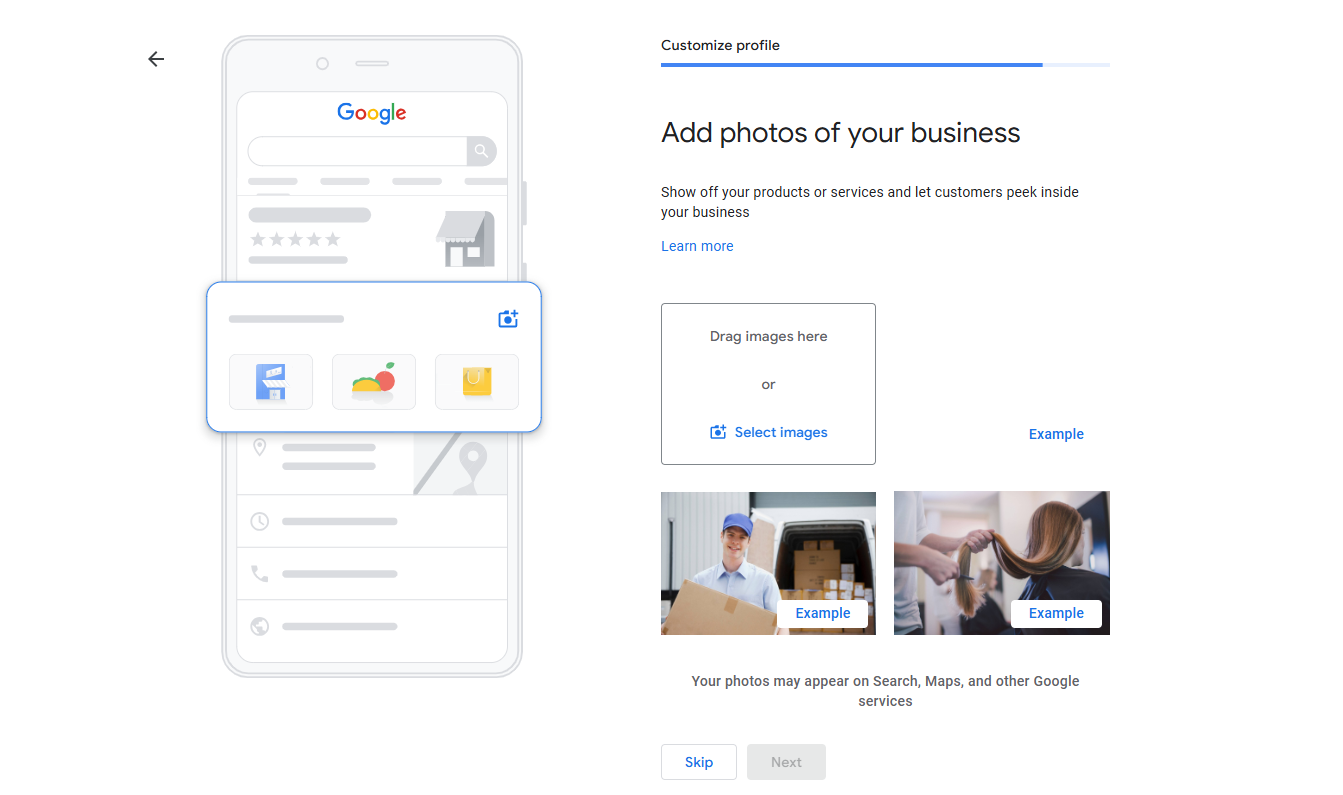 Google My Business setup screen for adding photos of your business
