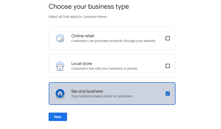 Google My Business setup screen for choosing business type