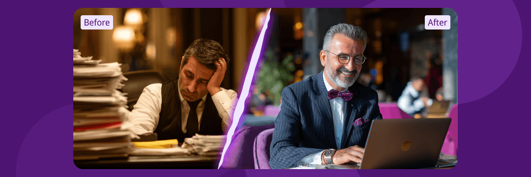 Hotel staff automation before and after — from overworked employee with paperwork to happy manager using a laptop efficiently