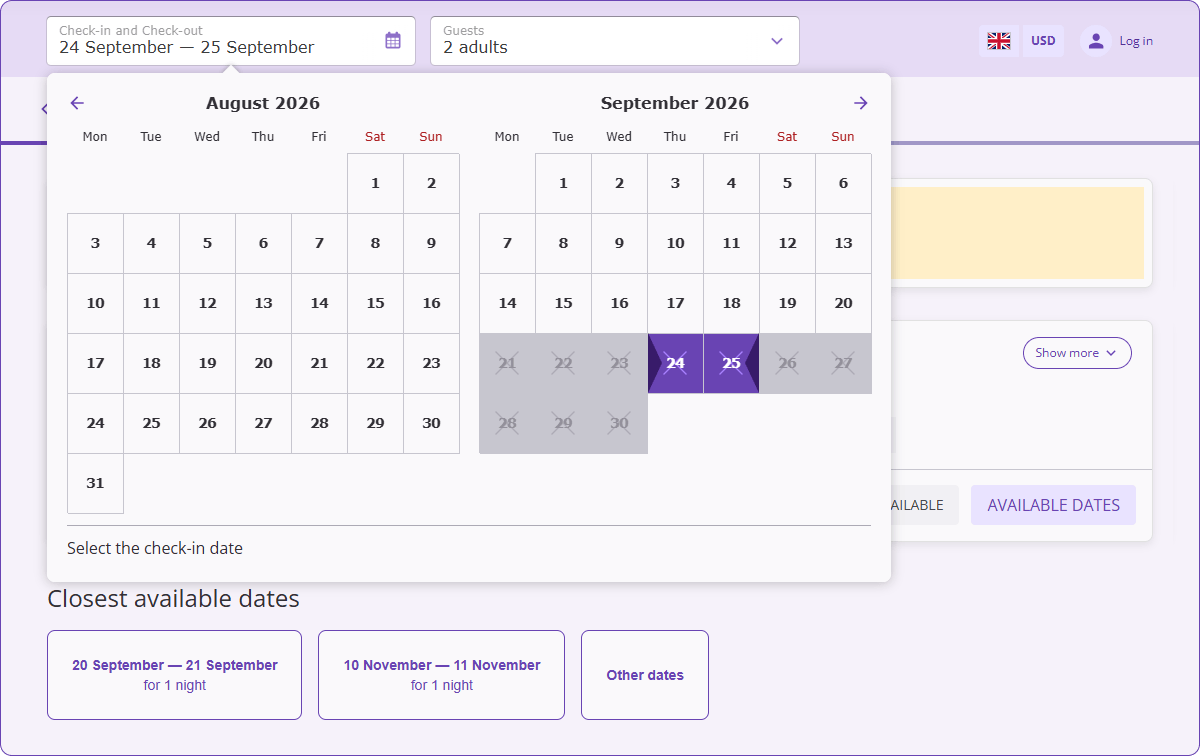Booking Engine availability calendar