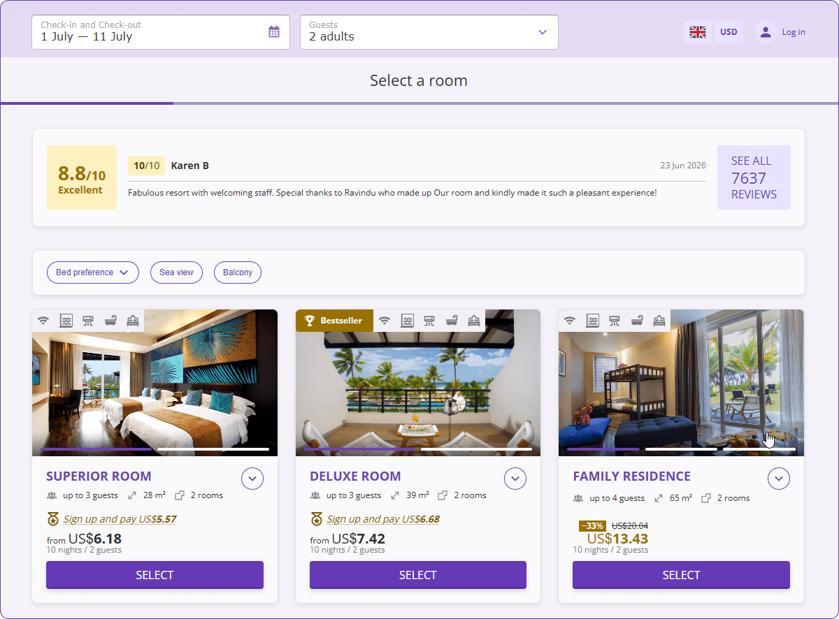 Room selection page with multiple room categories and rate plans displayed alongside room descriptions