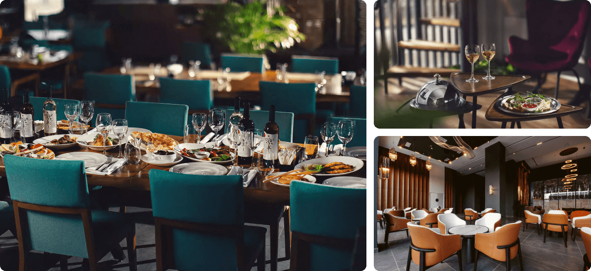 Collage of hotel dining areas: a long table set with food, a small table with wine, and a modern restaurant interior.