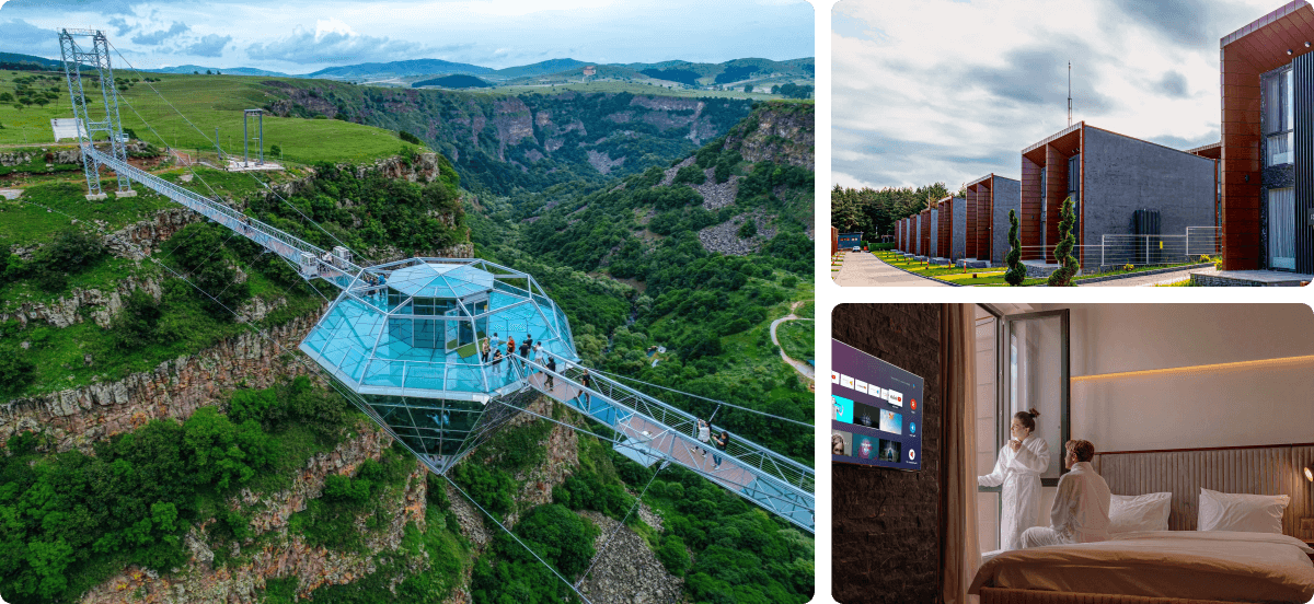 Collage: a glass bridge over a canyon, modern hotel cabins, and a couple in a hotel room.