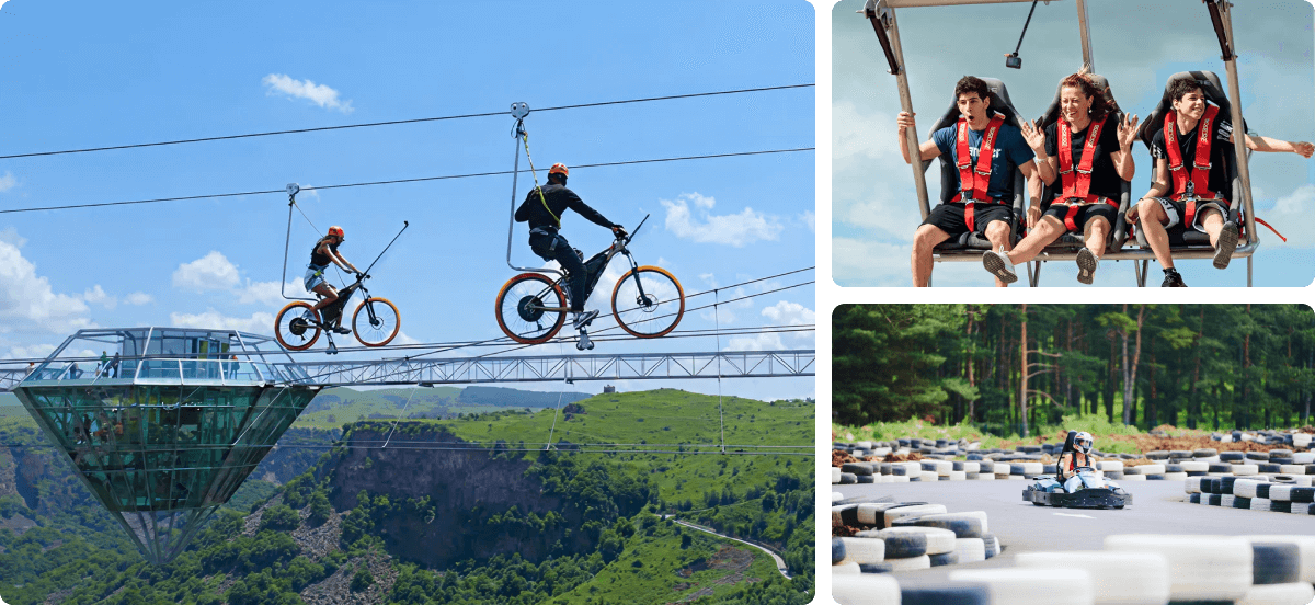 Collage of adventure sports: sky cycling over a canyon, a swing ride, and a race car on a track.