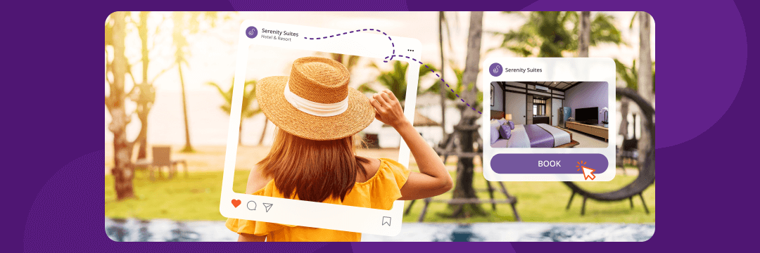 Illustration showing the customer journey from a social media post to a direct hotel booking on the website using Exely tools