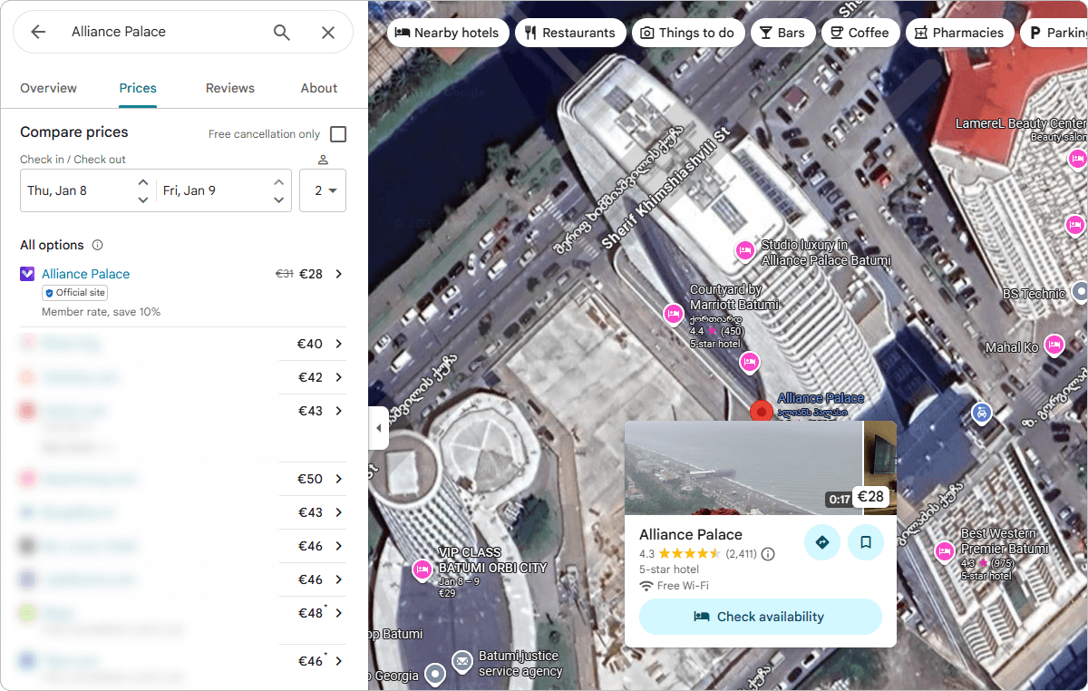 Google Hotel Search for Alliance Palace, showing price comparison, selected dates, a map of Batumi with the hotel location, and a hotel info card
