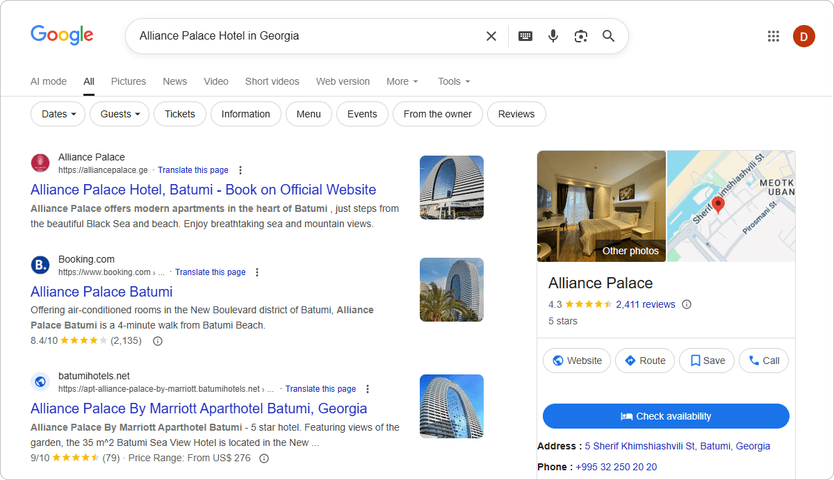 Google search results for Alliance Palace Hotel showing official site and Booking.com listings, plus a Google Business Profile with map, reviews, and booking options