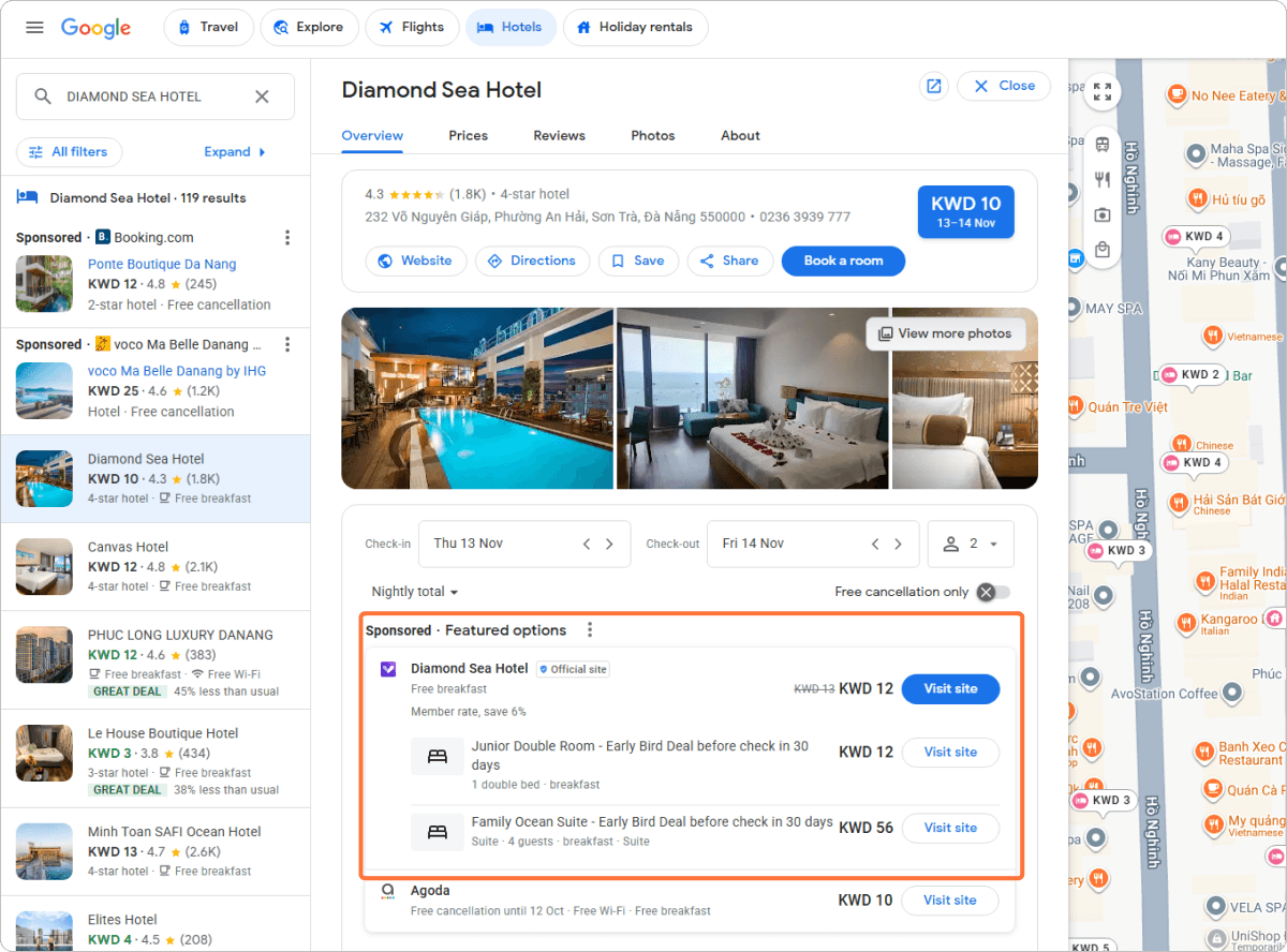 Google Hotel Search results for Diamond Sea Hotel, displaying sponsored and organic listings, an overview panel with photos and reviews, and direct booking options from the official website
