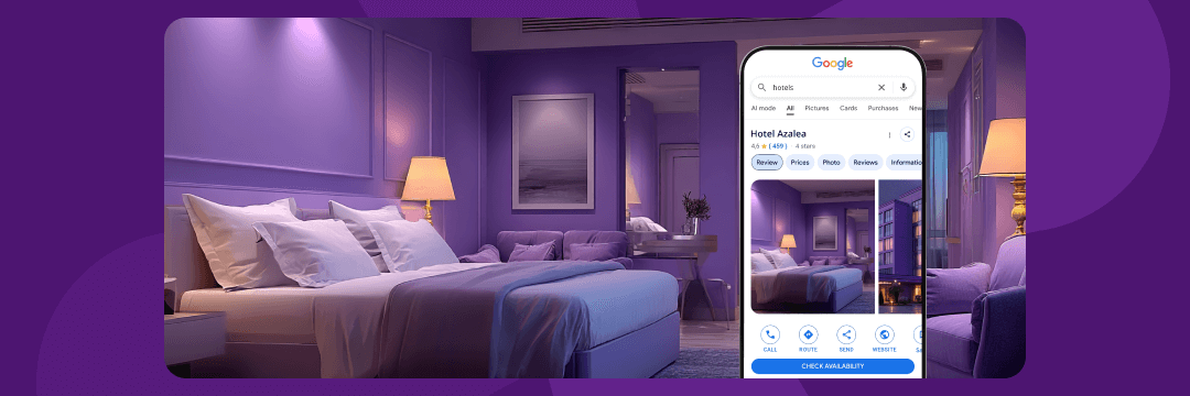 A purple-themed hotel room with a bed and lounge area, overlaid with a smartphone screen showing a Google search result for Hotel Azalea with a smaller image of the same room