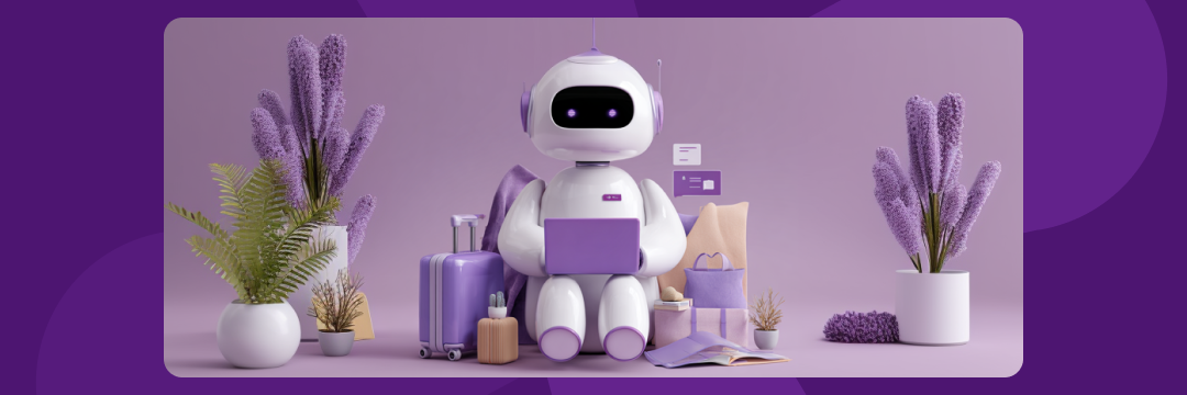 AI robot with a laptop sitting among travel bags, books, and plants in Exely brand purple colors, symbolizing hotel technology and innovation