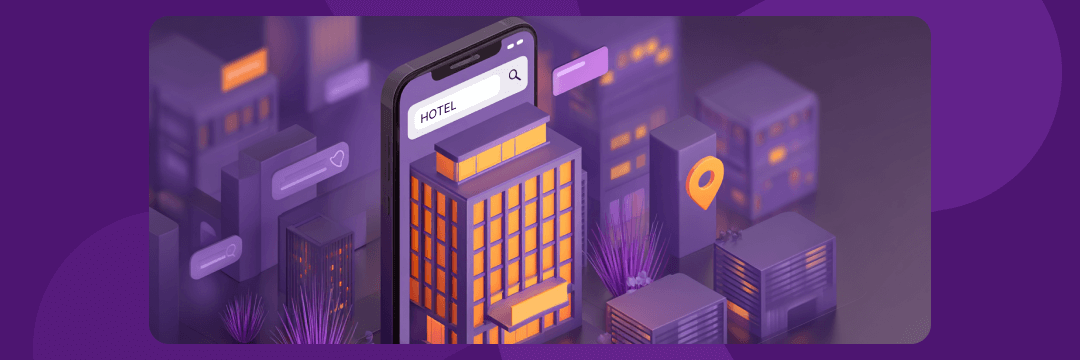 Illustration of a smartphone displaying HOTEL in a search bar, positioned over a 3D isometric city with various buildings and a location pin icon, representing mobile hotel search