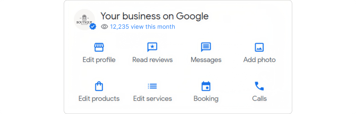 Google Business Profile management panel with options to edit the hotel profile, read reviews, add photos and manage bookings
