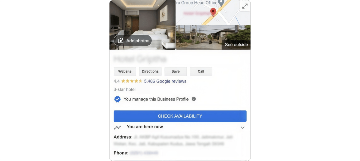 Google hotel profile showing the hotel category, contact information and website link