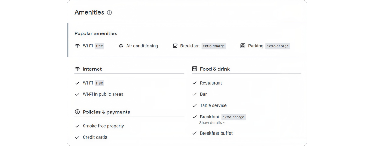 Hotel amenities in Google, including Wi-Fi, parking, breakfast and property policies