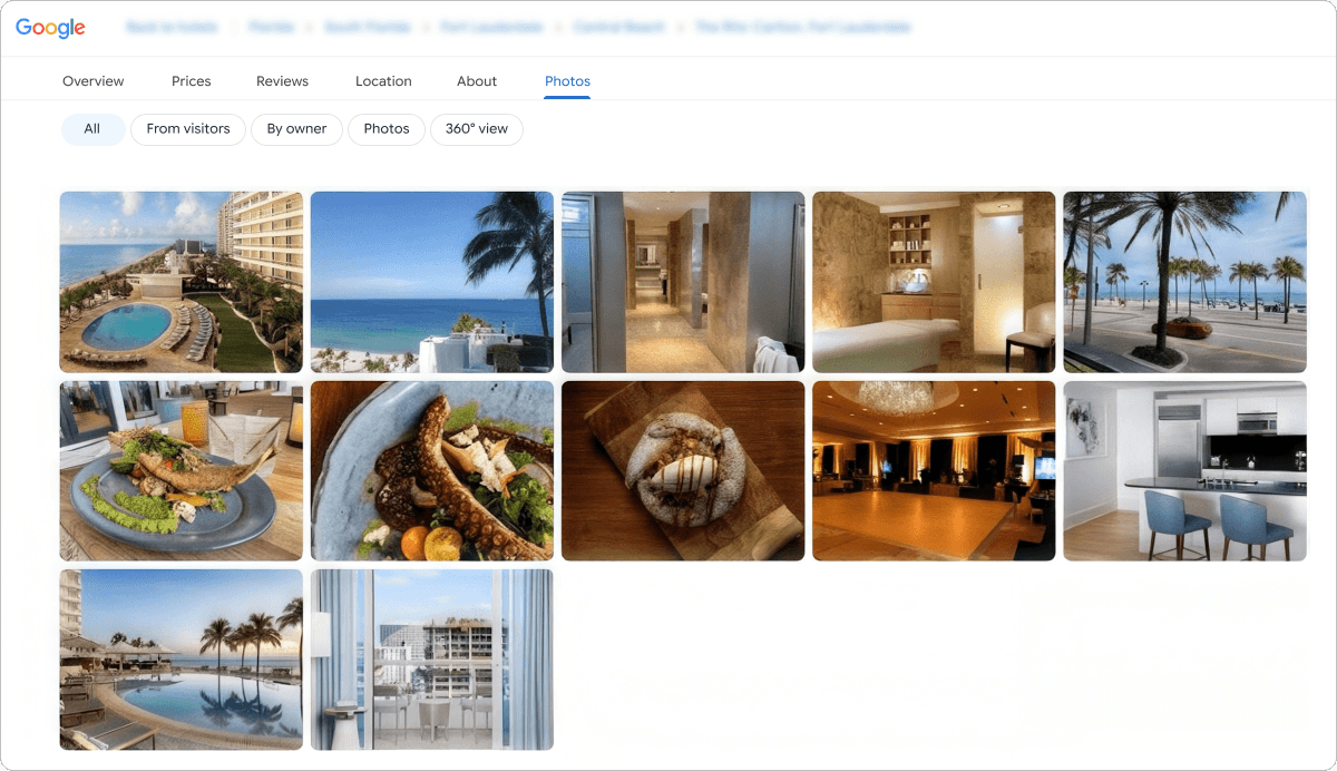Google hotel photo gallery showing the exterior, guest rooms, dining and shared spaces