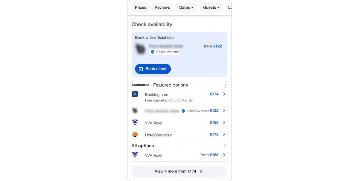 Google hotel booking options with an official website link and Book direct button