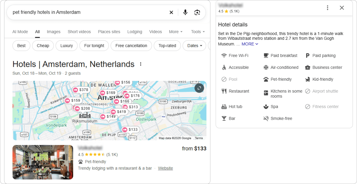 Google hotel search results and property details showing amenities including pet-friendly facilities