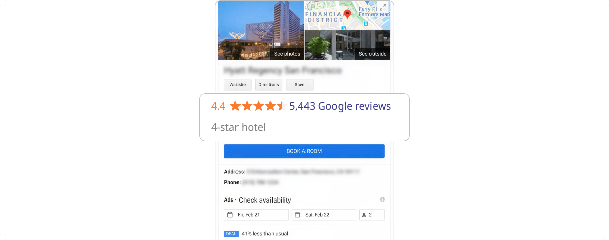 Google hotel profile showing a guest review score separately from the hotel star classification