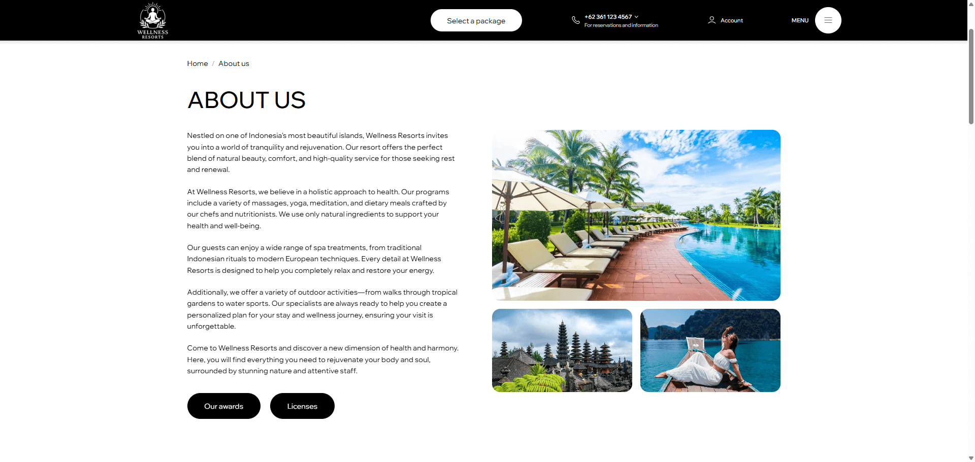 Screenshot of About Us page, showcasing a pool, temple, and a woman on a boat, describing wellness, spa, and outdoor activities