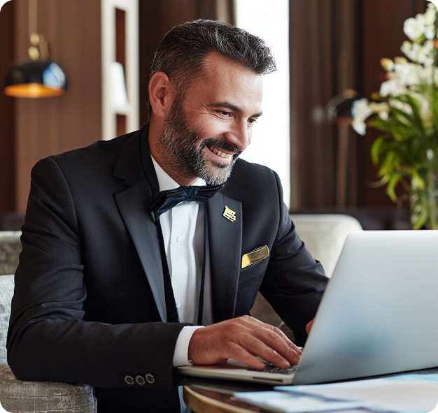Otel lobisinde dizüstü bilgisayarda çalışan otel yetkilisi