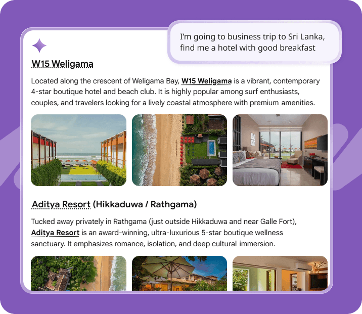 Example of hotel content presented in AI search results