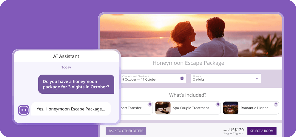 AI Website Assistant answering a guest's question beside an Exely Booking Engine offer