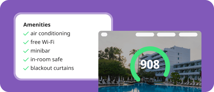 Hotel amenities listed on the website, score 908