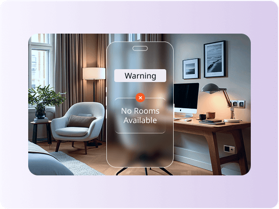 Hotel room interior with No Rooms Available warning message on digital screen