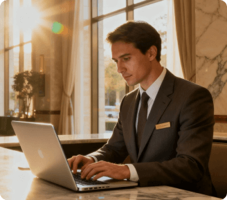 Man in a suit working at a hotel reception desk with a laptop during sunset