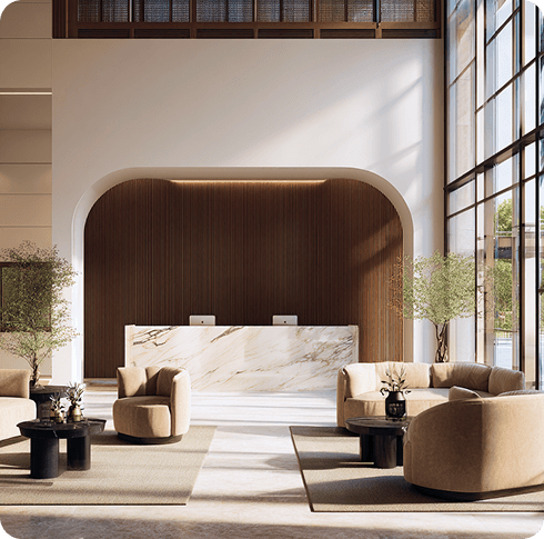 Modern hotel lobby with a marble reception desk and a central padlock icon, symbolizing security