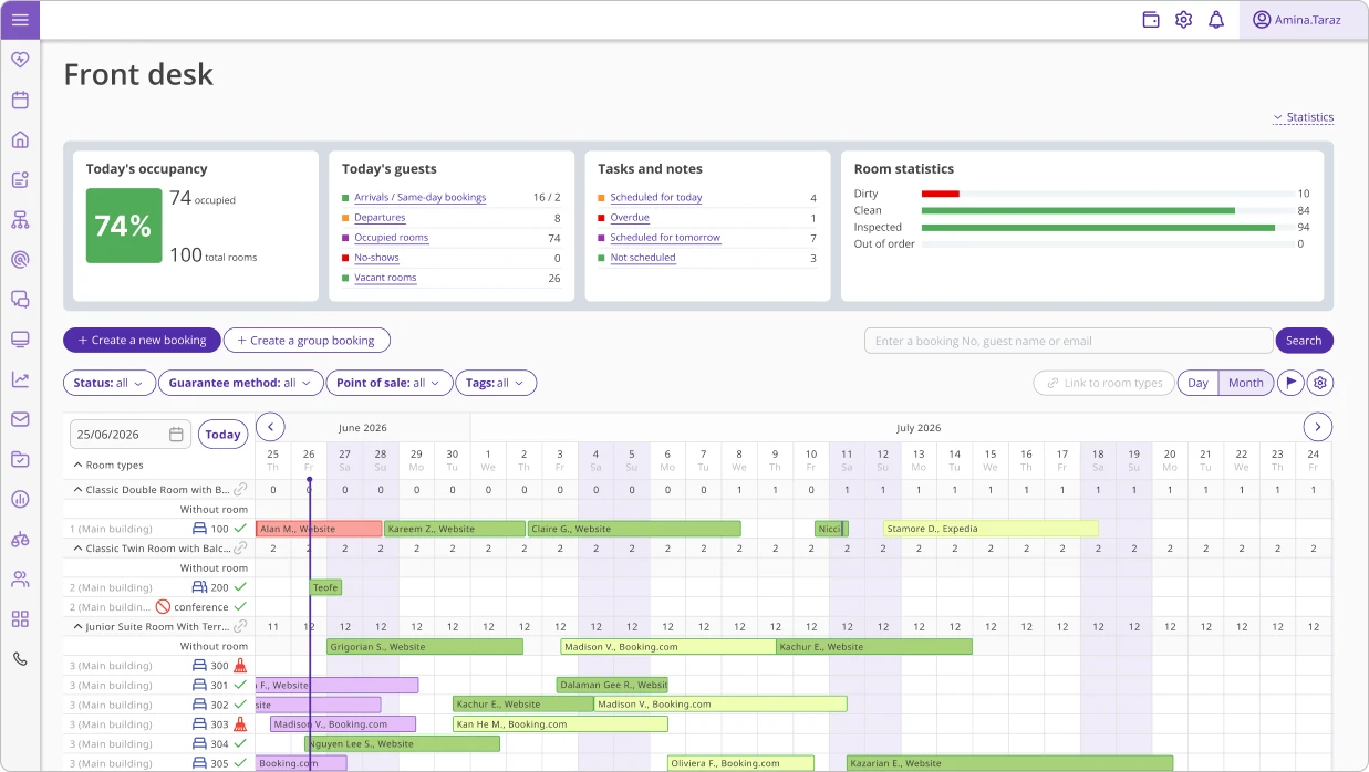 Exely PMS front desk dashboard