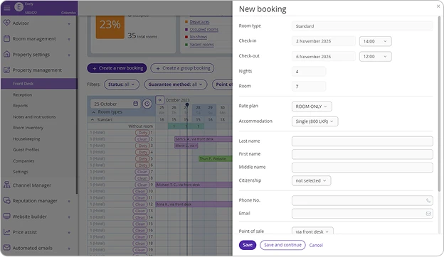 Booking creation form in Exely PMS