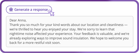 AI-generated hotel response example to guest review highlighting appreciation and addressing concerns