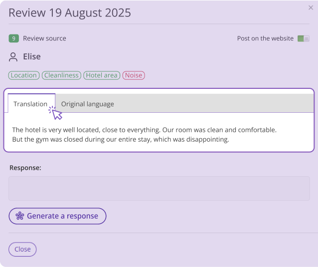 Exely guest review management panel showing a translated hotel guest review with tags for location, cleanliness, hotel area, and noise, and an option to generate a response
