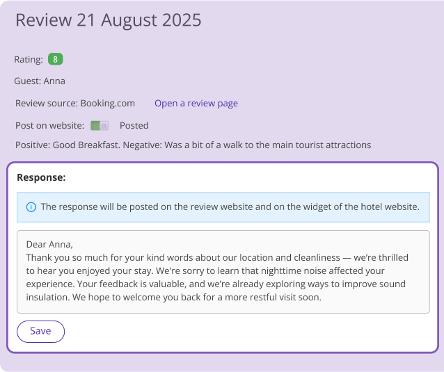 Exely review management interface displaying a hotel guest review from Booking.com, response form, and option to post the reply on the review website and hotel widget