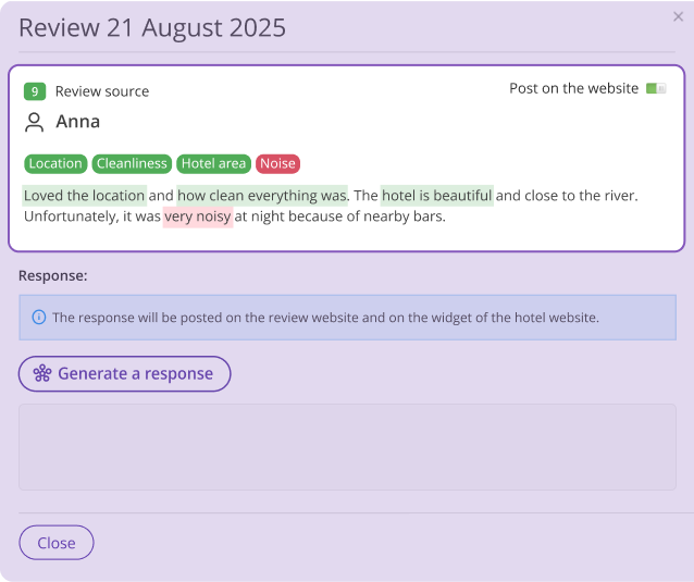 Exely review management platform showing hotel guest review with sentiment highlights for location, cleanliness, hotel area, and noise, and option to generate a response