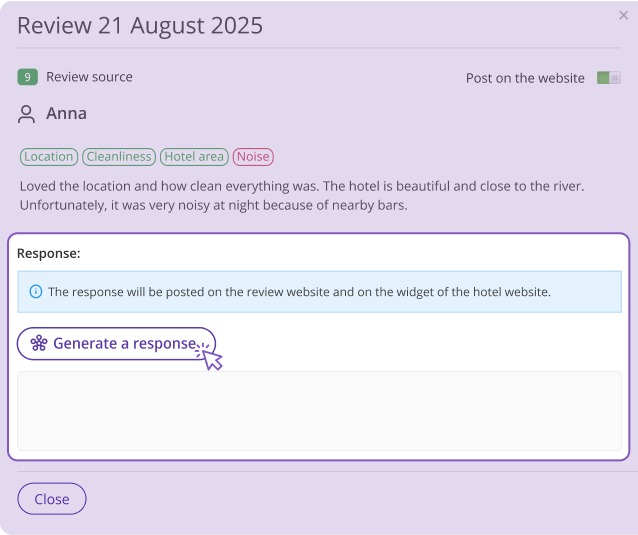 Exely review management dashboard displaying hotel guest review with sentiment tags and an option to generate an automated response for posting on the website