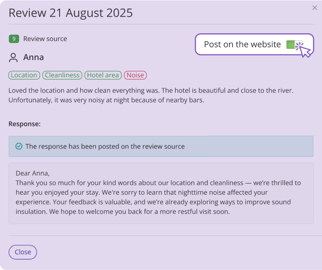 Exely guest review management interface showing hotel guest review with response, highlighted tags for location, cleanliness, hotel area, and noise, and option to post on the website