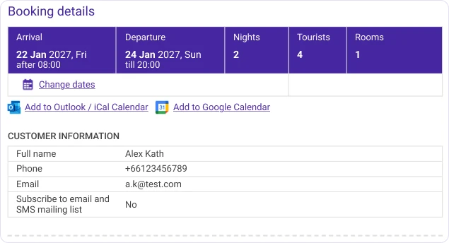 Booking details and calendar links