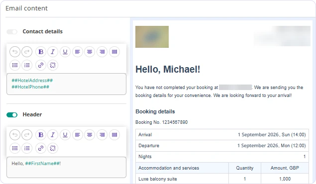 Abandoned booking email editor