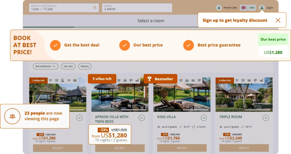 Booking motivators displayed in Exely Booking Engine
