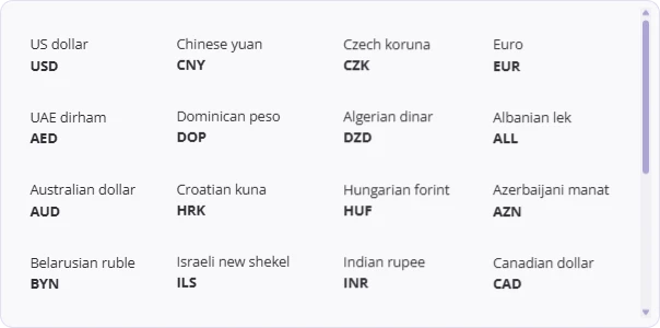 Currencies available in Exely Booking Engine