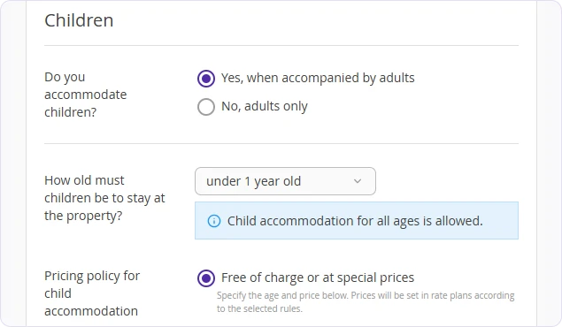 Child accommodation pricing settings