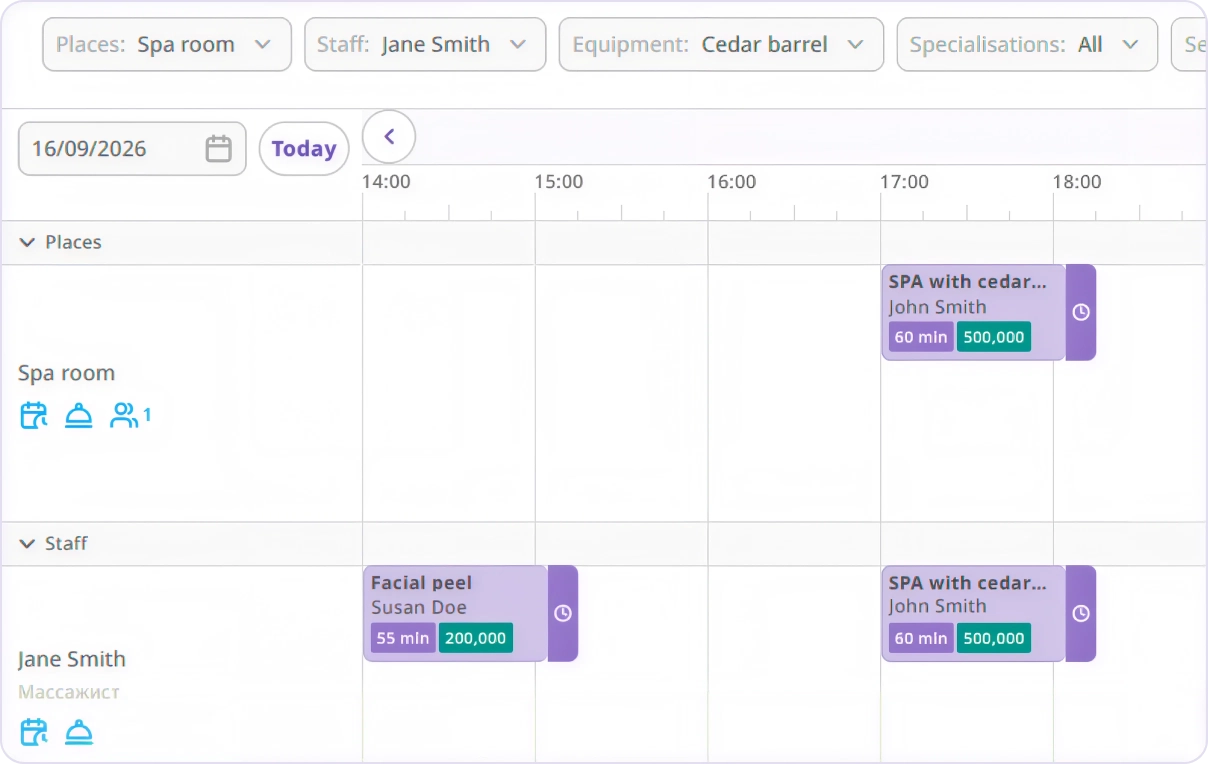 Tape chart for managing time-based service bookings