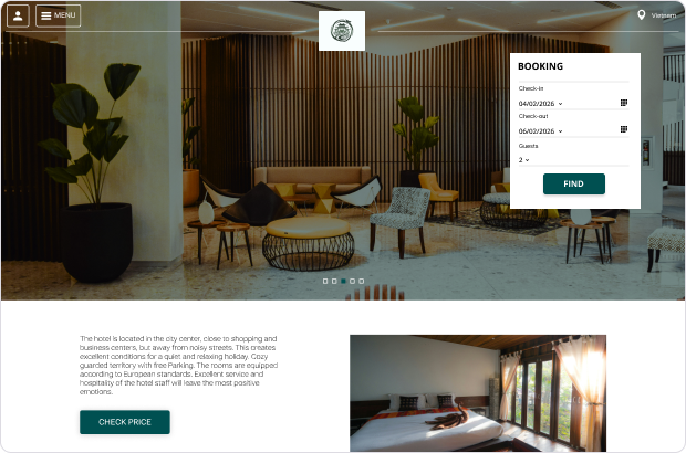 Boutique hotel lobby and room Vietnam